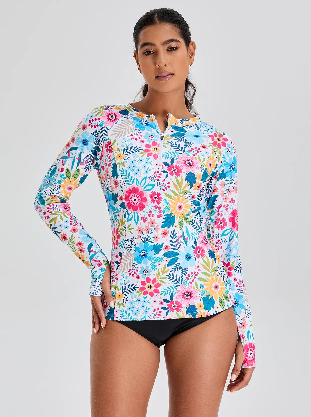 Daisy Zipper Collar Long Sleeve Rash Guard with Thumbholes