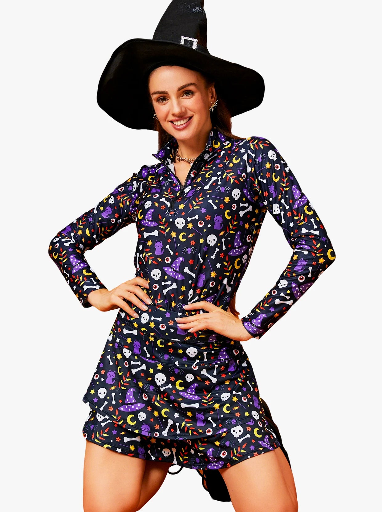 Halloween Purple Pattern Quarter-zip Long-sleeve Polo Shirt for Women