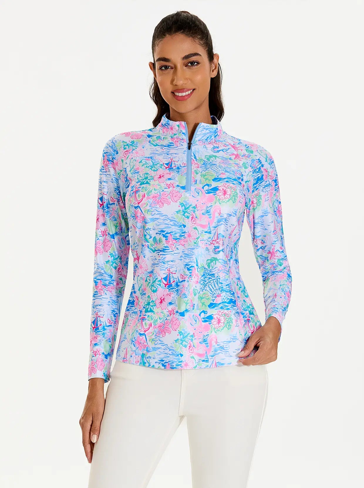 Spring Scenery Print Quarter-zip Long-sleeve Shirt for Women 