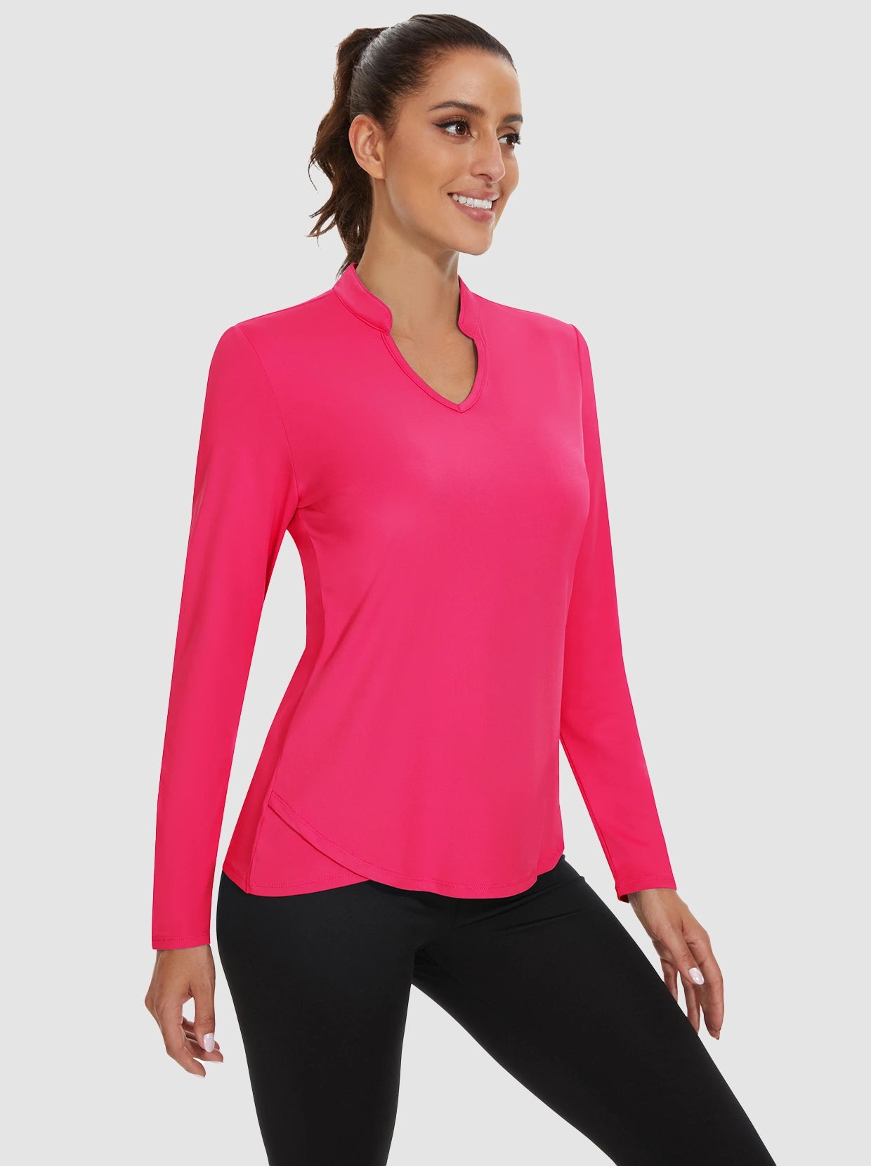 Pink V-neck Long-sleeve Athletic Top For Women