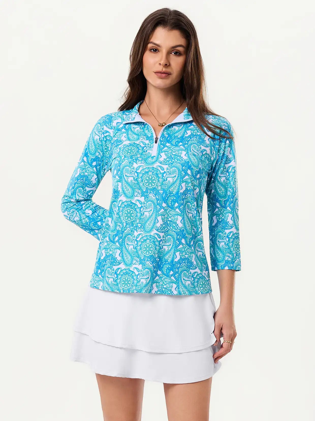 Green Paisley Quarter-zip 3/4 Sleeve Golf Polo Shirt for women