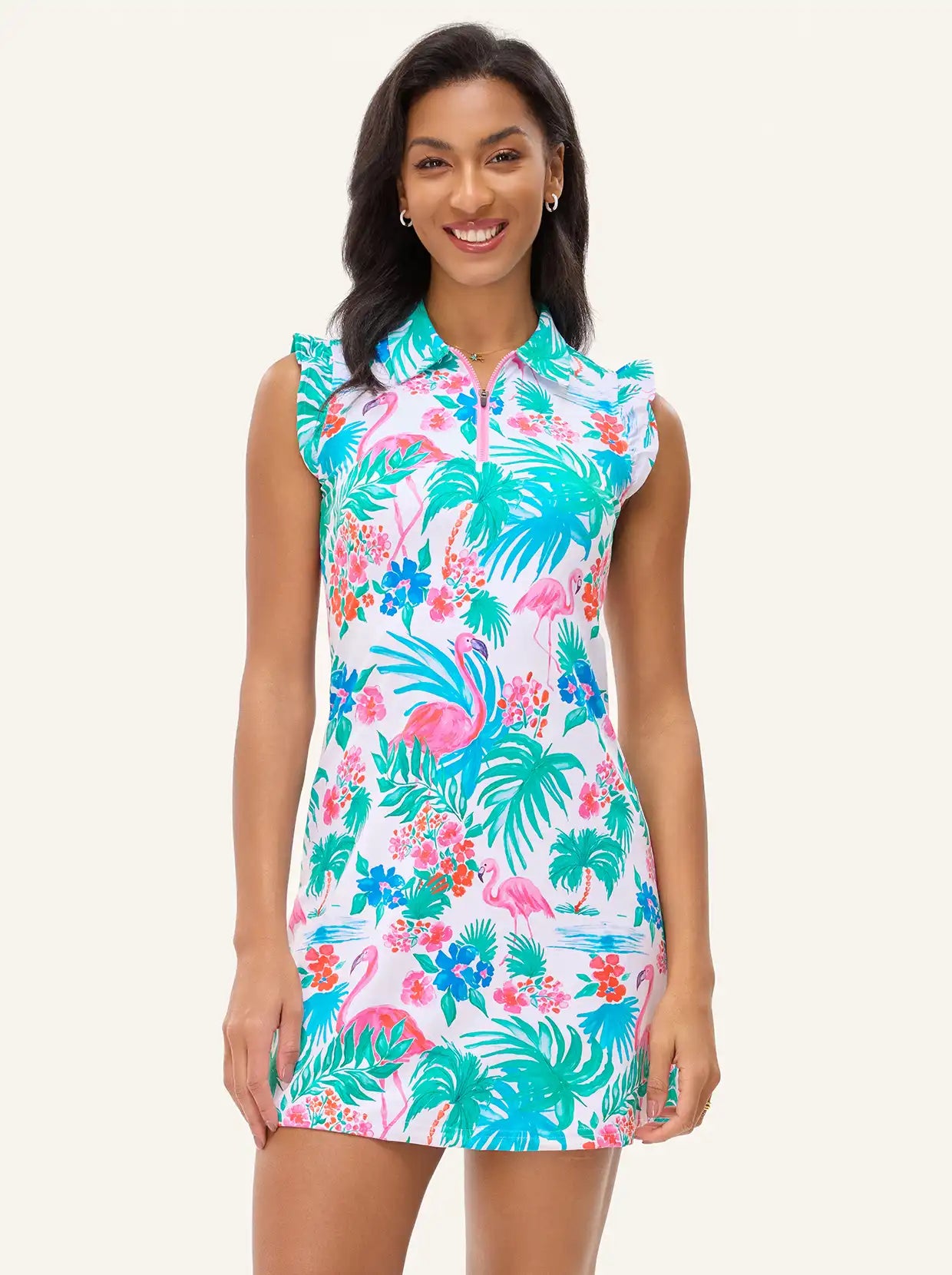 34" Blue Checkerboard Quarter-zip Ruffled Sleeveless Dress with Shorts