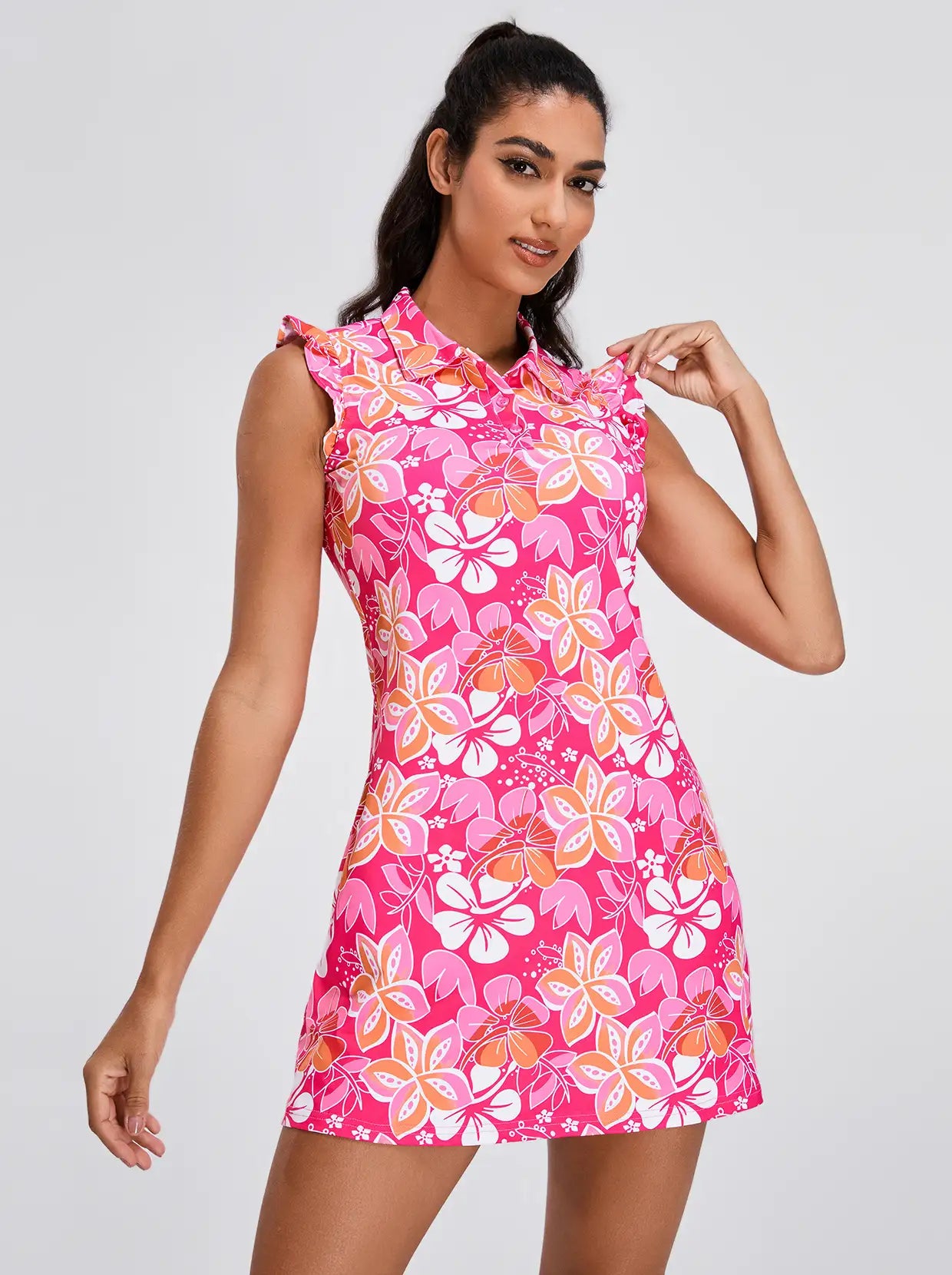 Red Floral 34" Ruffled Sleeveless Active Dress With Shorts