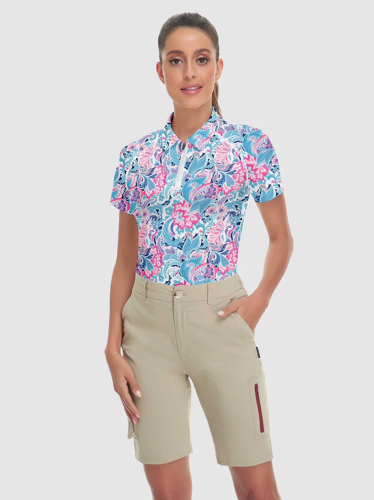 Stretchy Short Sleeves Quarter-Zip Golf Polo Tops