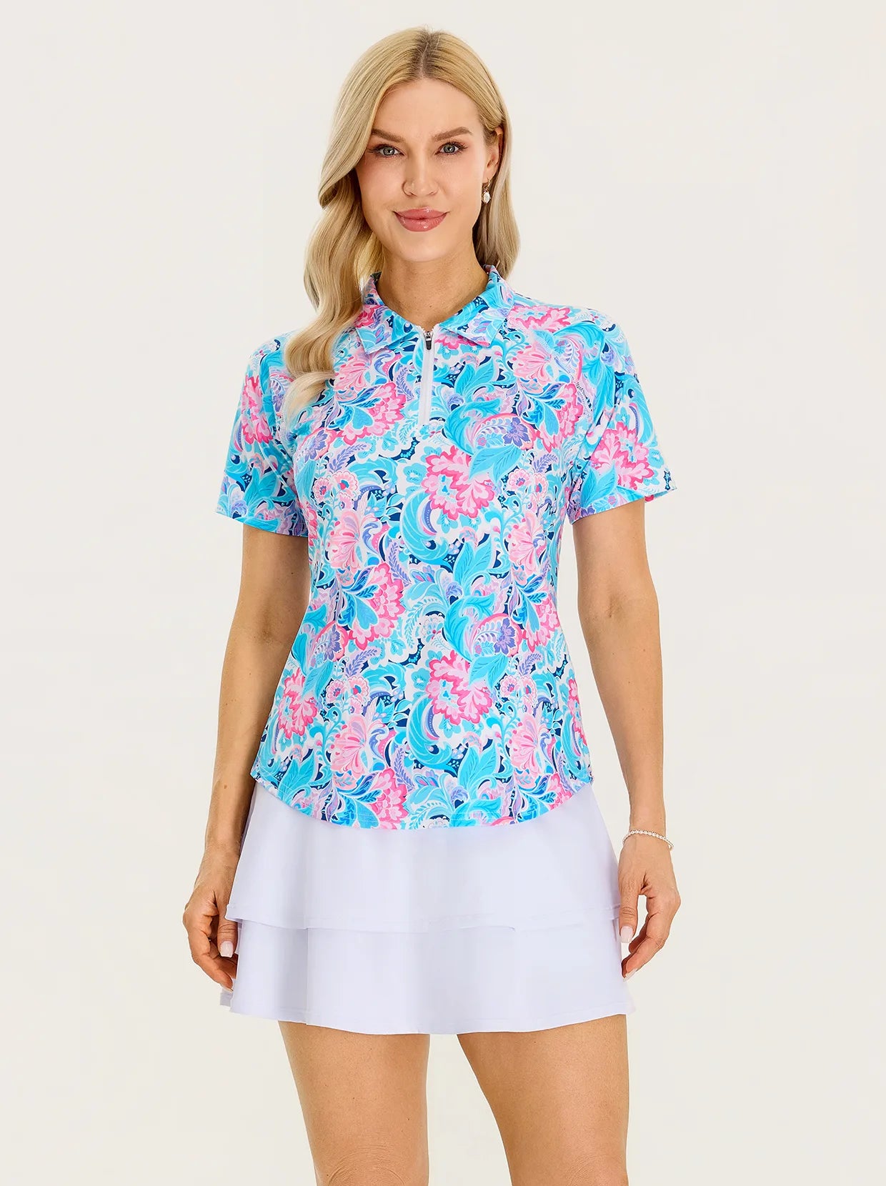 Stretchy Short Sleeves Quarter-Zip Golf Polo Tops