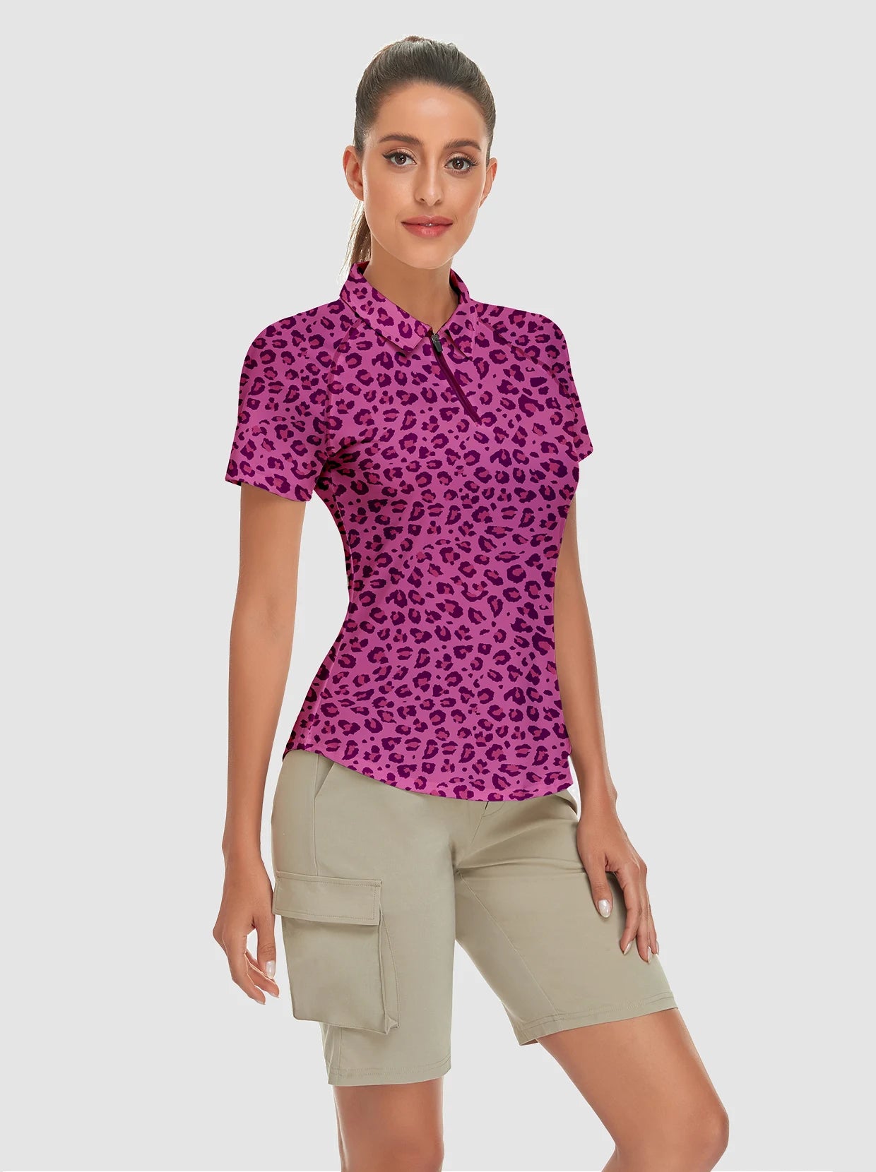 Pruple-Leopard Short-sleeve Golf Polo for Women
