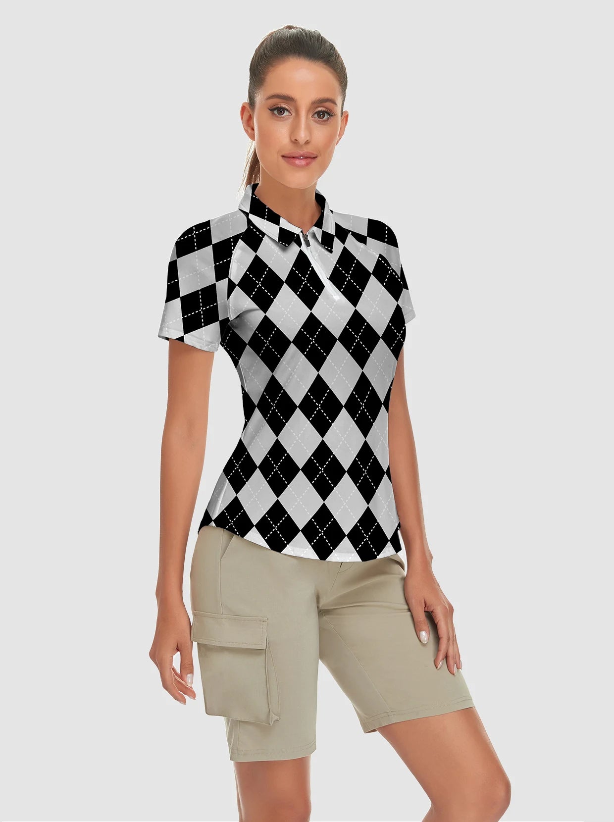 Black and Gray Checkboard Short-sleeve Golf Shirt for Women