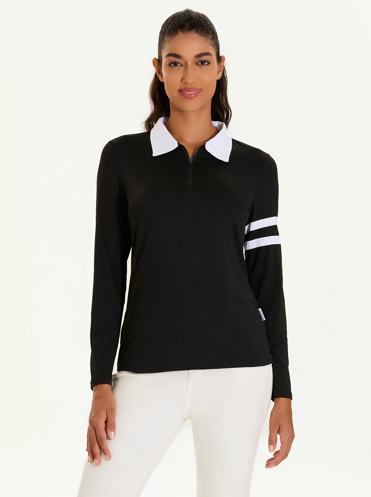 Black Long-sleeve Classic Quarterzip Golf Polo Top for Women