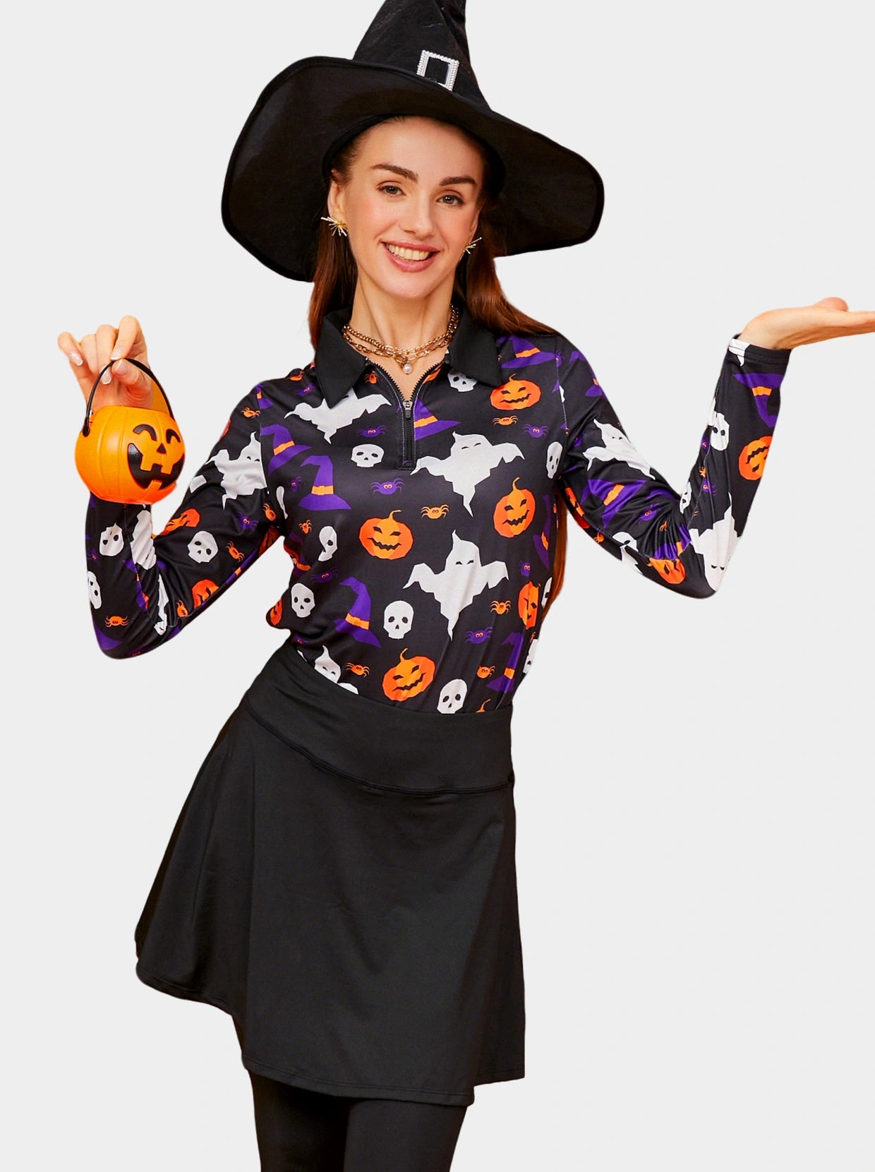 Halloween Pumpkin and Skull Quarter-zip Long-sleeve Polo Top for Ladies
