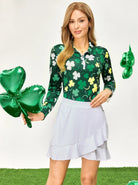 Green Shamrock Quarter-zip Long-sleeve Polo Shirt for Ladies