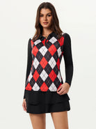 Red and Black Checkerboard Long-sleeve Polo for Ladies