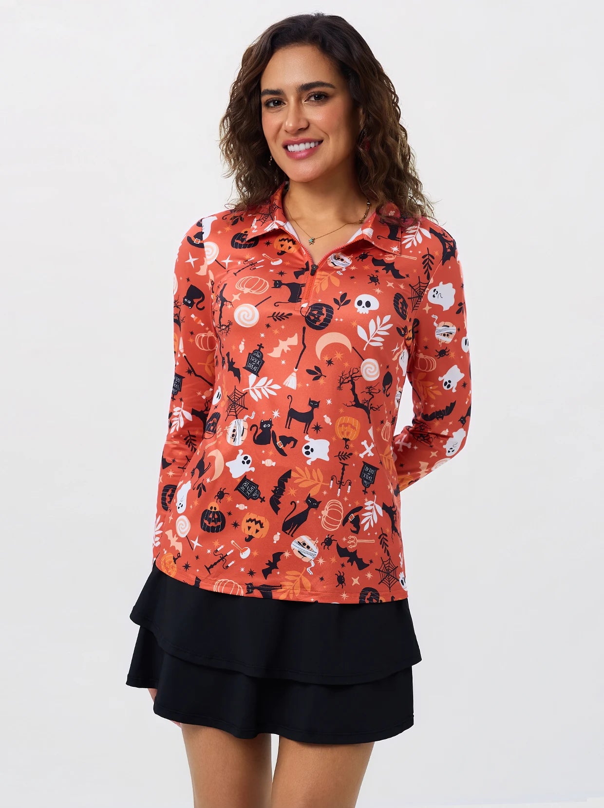Halloween Orange Quarter-zip Long-sleeve Polo Shirt 