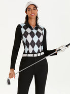 Black and Blue Argyle Long-sleeve Polo Top for Ladies