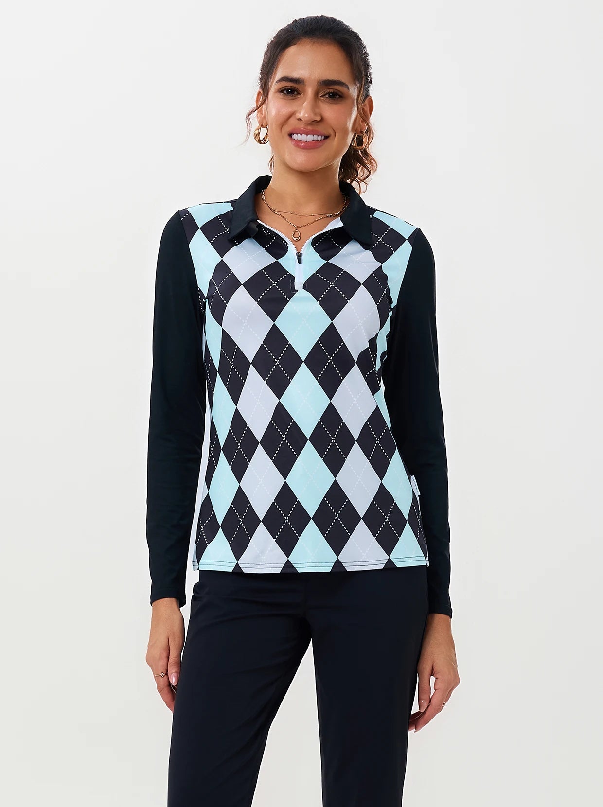 Black and Blue Argyle Long-sleeve Polo Top for Ladies