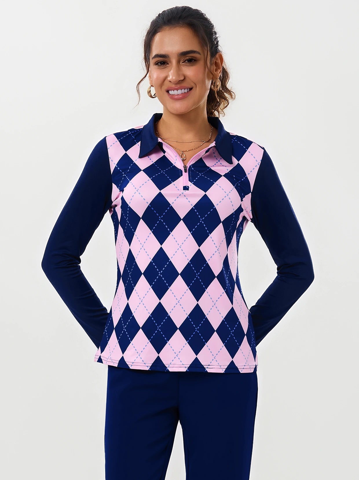 Blue and Pink Checkerboard Lapel Long-sleeve Polo Top for Ladies