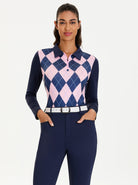 Blue and Pink Checkerboard Lapel Long-sleeve Polo Top for Ladies