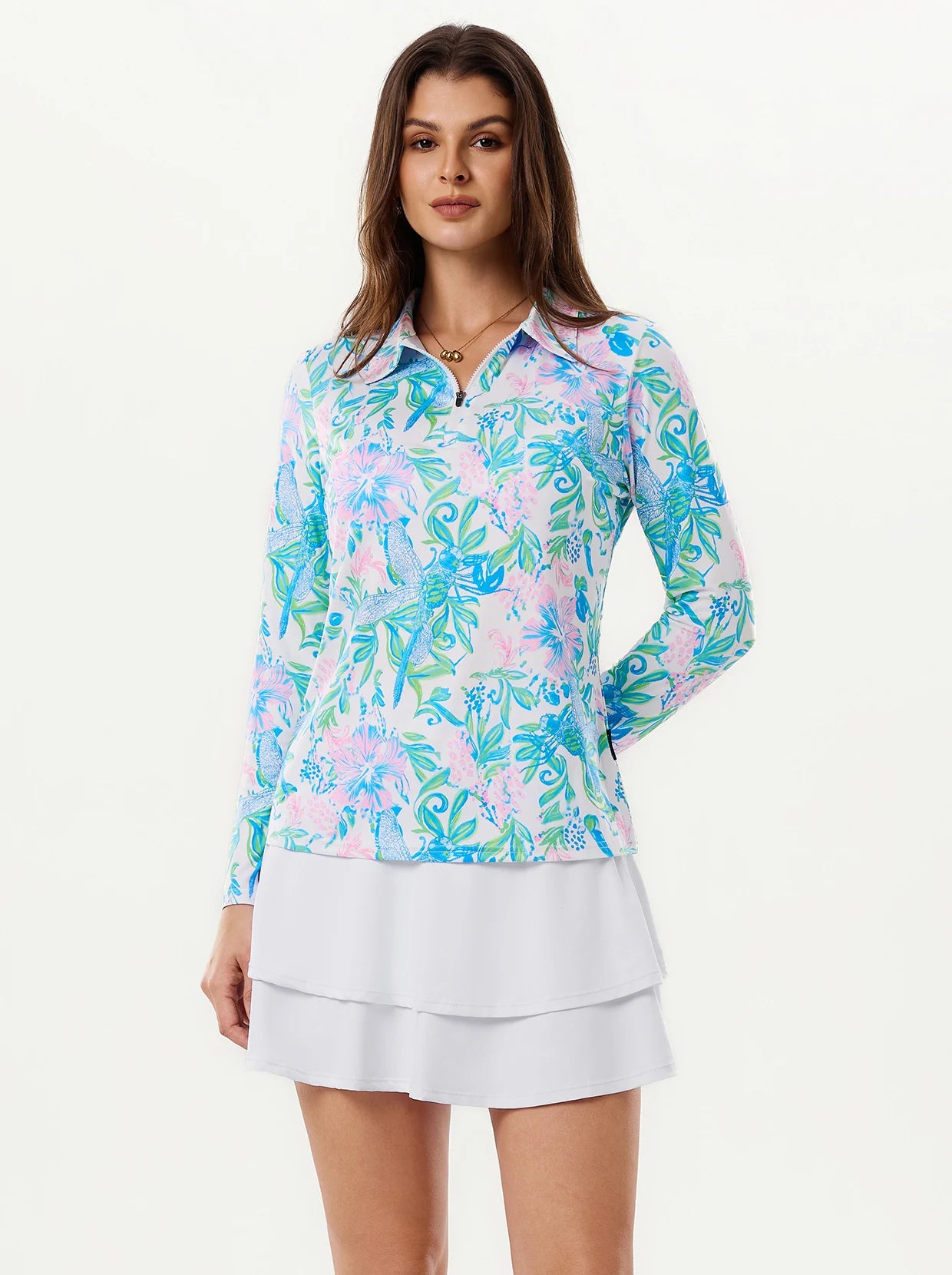 Pink and Blue Floral Quarter-zip Long-sleeve Polo Shirt for Ladies