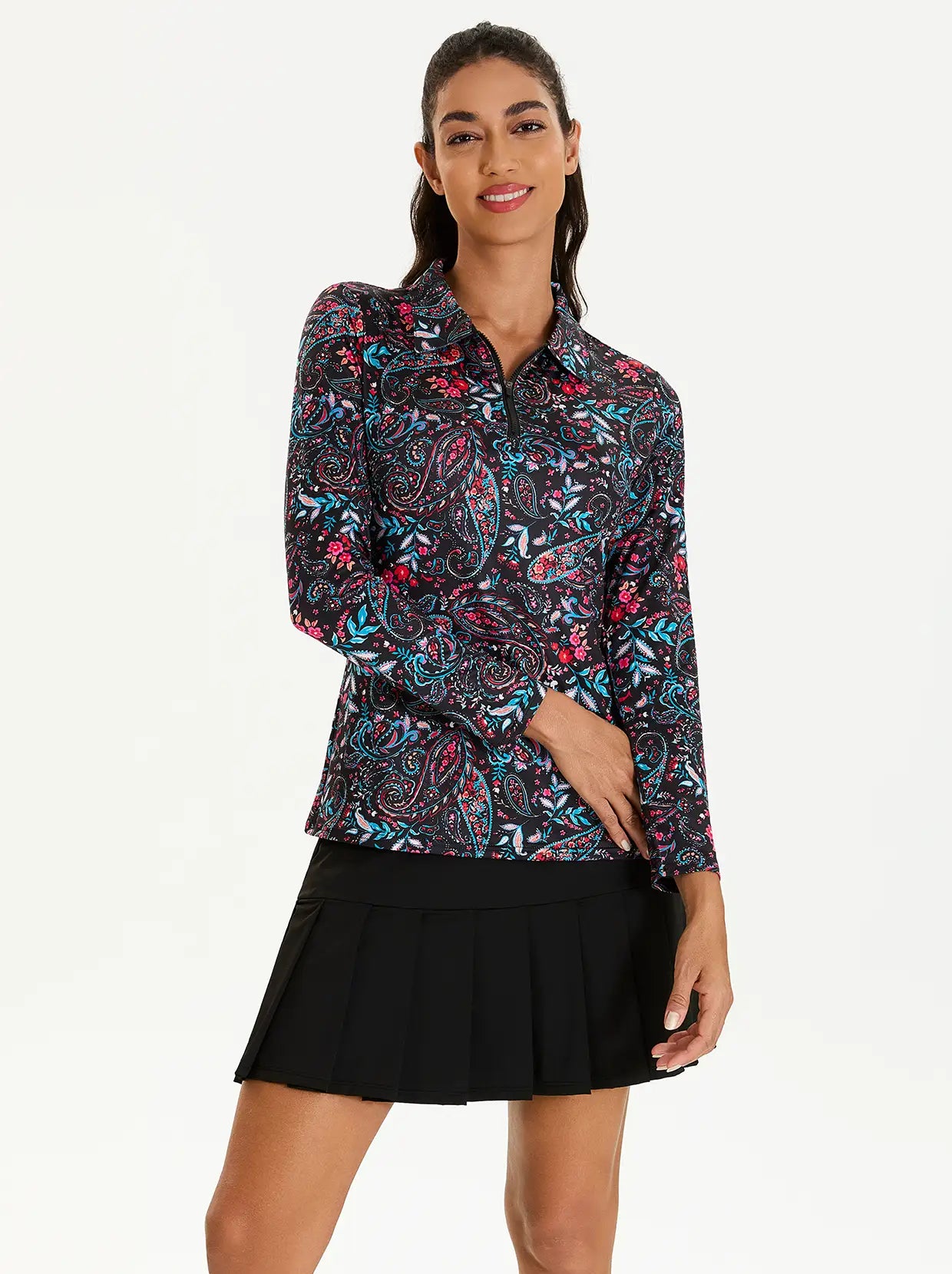 Black Paisley Quarter-zip Long-sleeve Polo Shirt for Women
