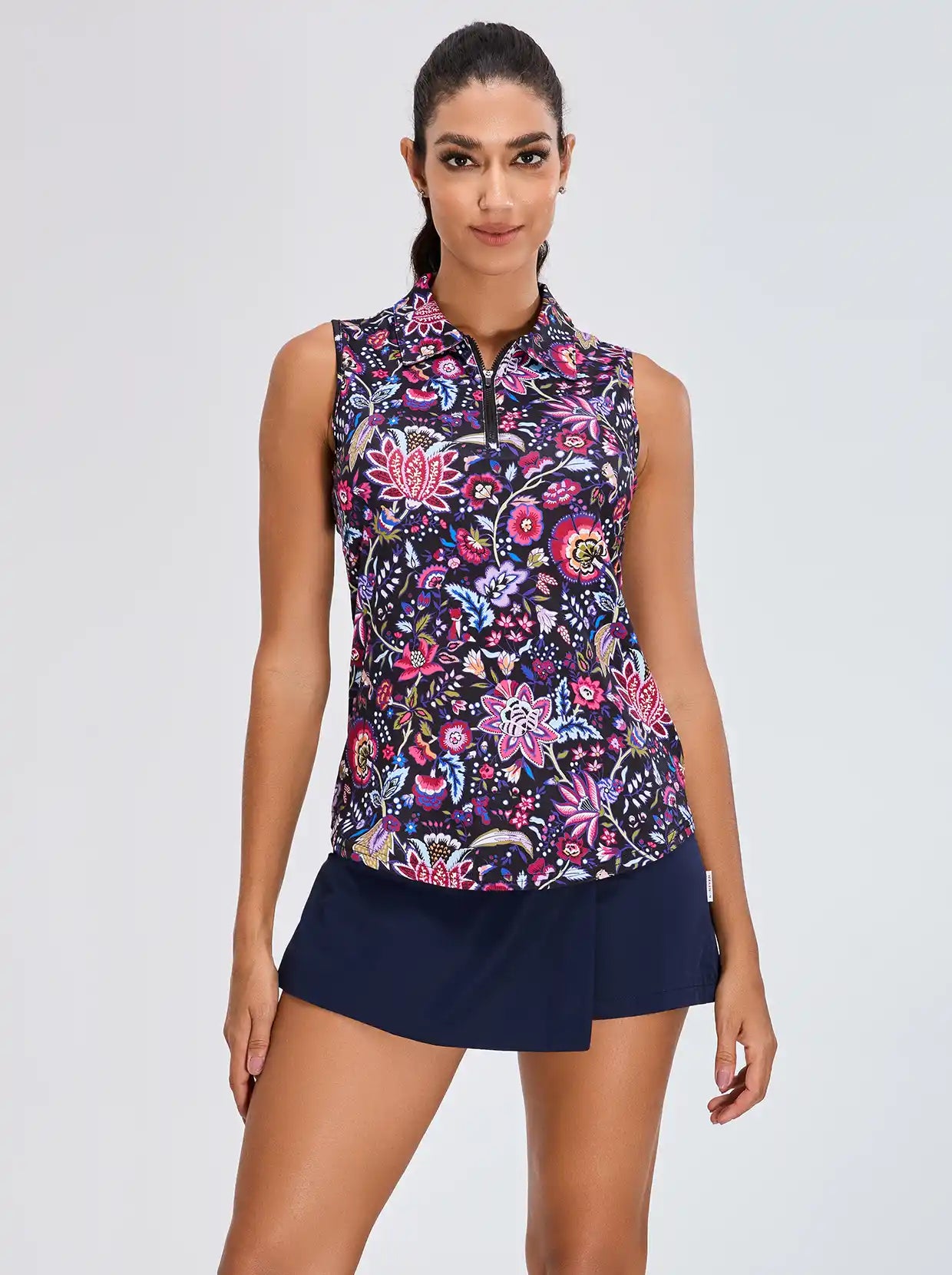 Colorful Flower Quarter-zip Sleeveless Polo Shirt for Ladies