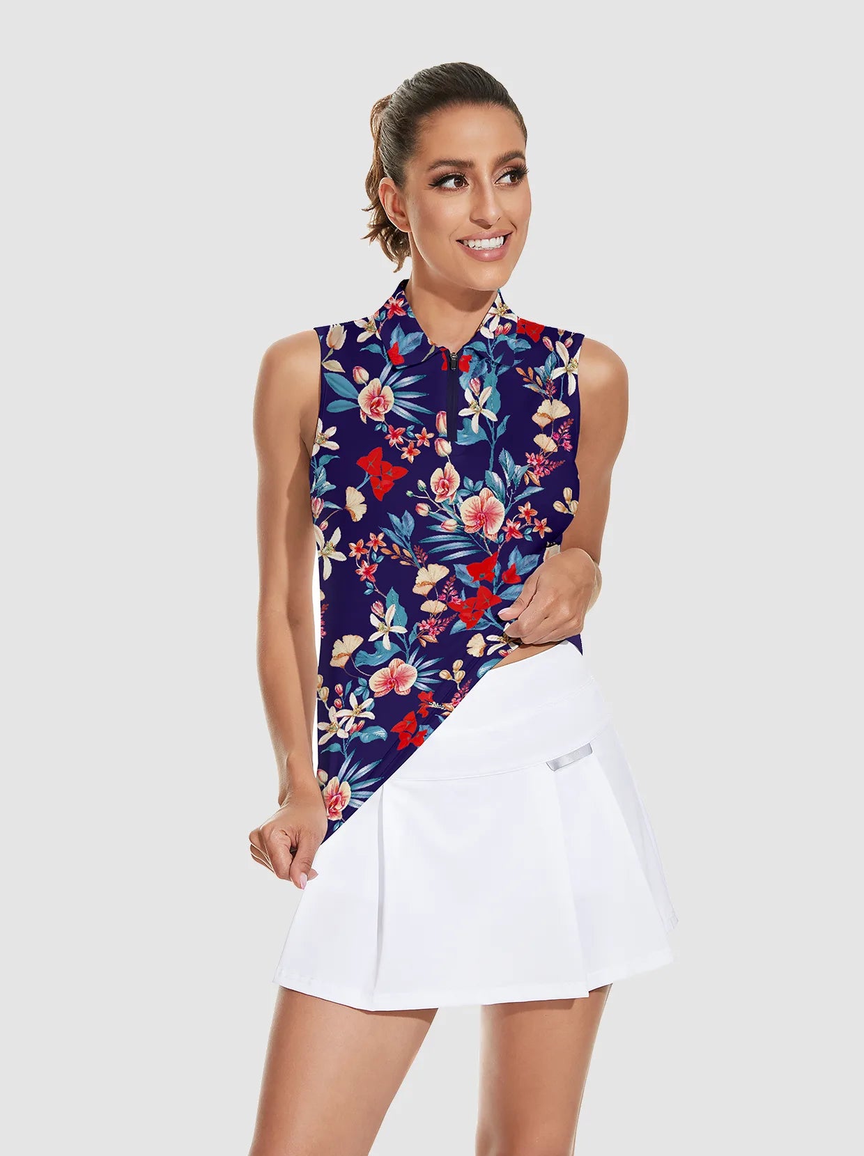 Red Floral Quarter-zip Sleeveless Polo Shirt for Women