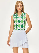 Green and White Checkerboard Quarter-zip Sleeeveless Polo Shirt