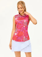 Heart and Floral Print Quarter-zip Sleeveless Polo Shirt For Women