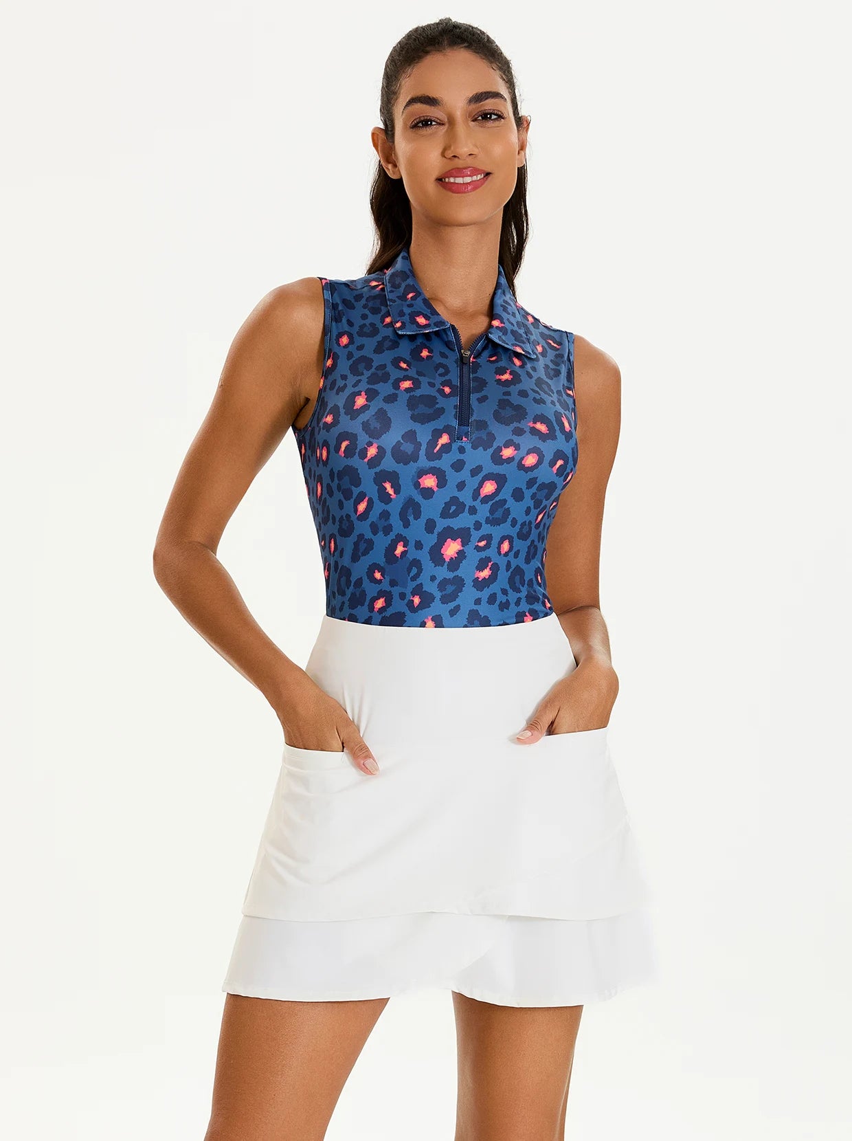 Blue Leopard Quarter-zip Sleeveless Polo Shirt for Women