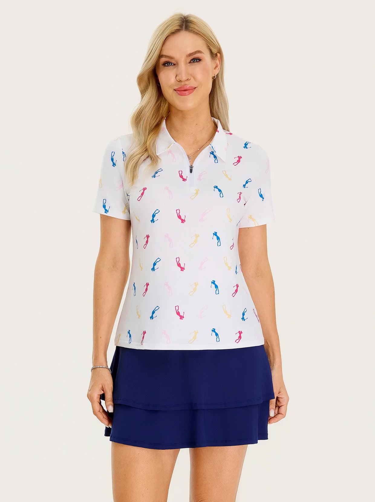 White Golfer Print Quarter-zip Golf Polo Shirt