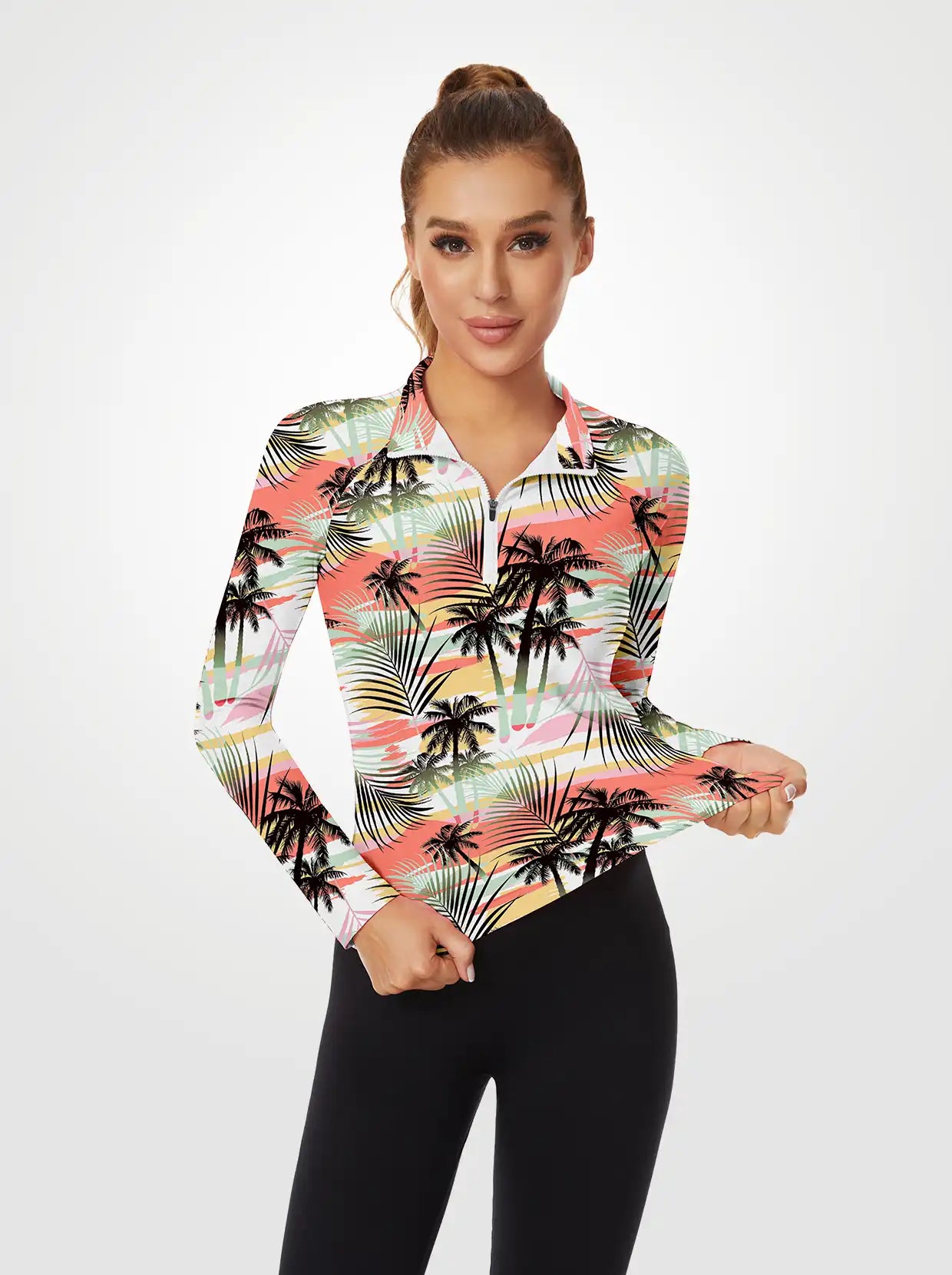 Coconut Tree Quarter-zip Long-sleeve Polo Shirt for Ladies