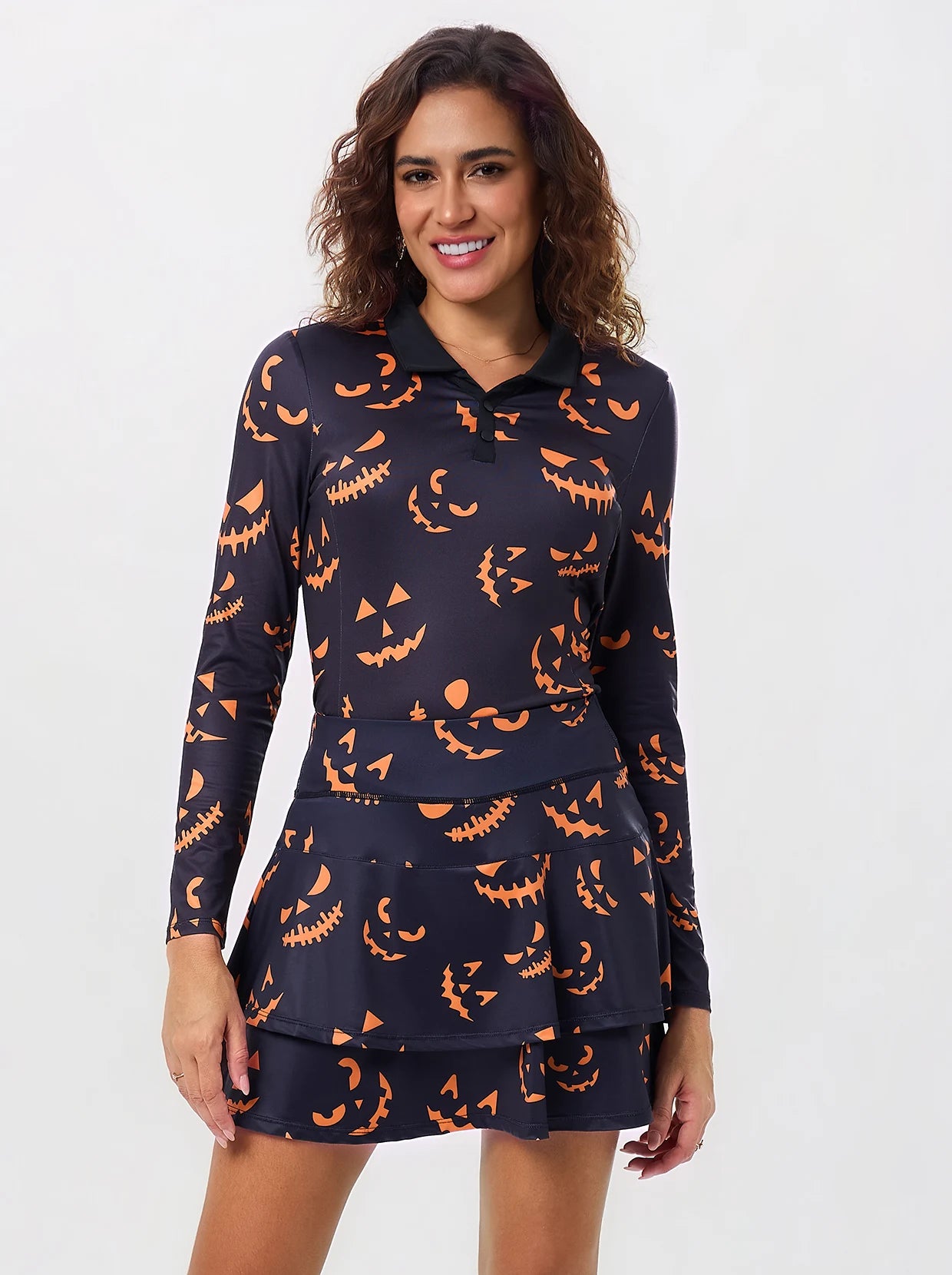 Halloween Pumpkin Grin Print V-neck Long-sleeve Polo Shirt