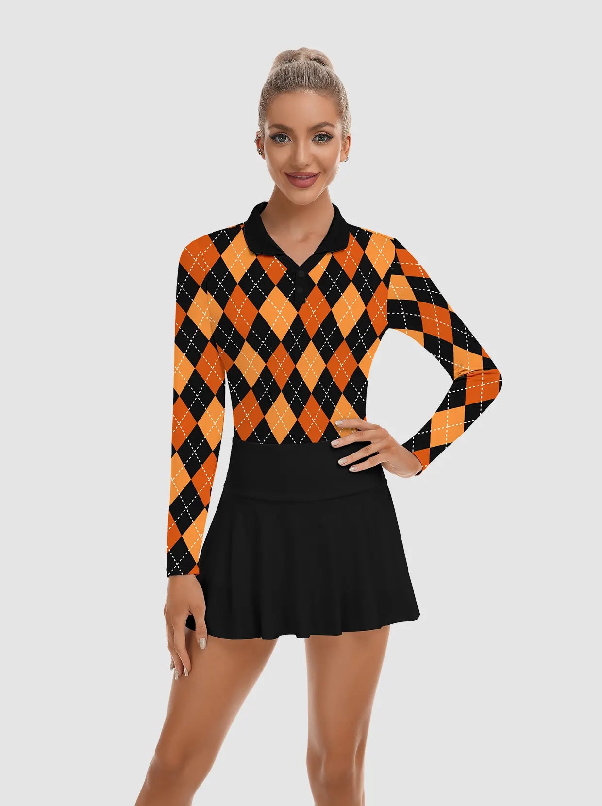 Orange and Black Argyle V-Neck Long Sleeve Polo For Women