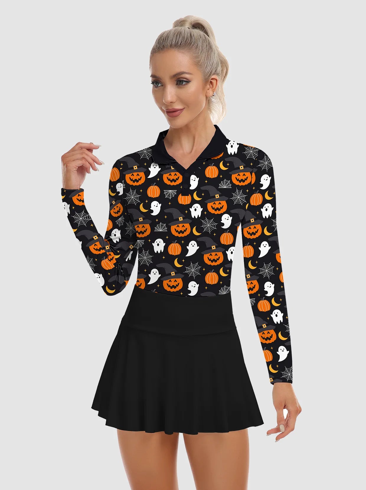 Halloween Pumpkin Ghost V-neck Long Sleeve Polo for Women
