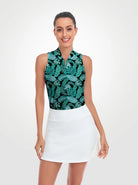 Ladies Green Leaves Racerback Quarter-zip Sleeveless Shirt