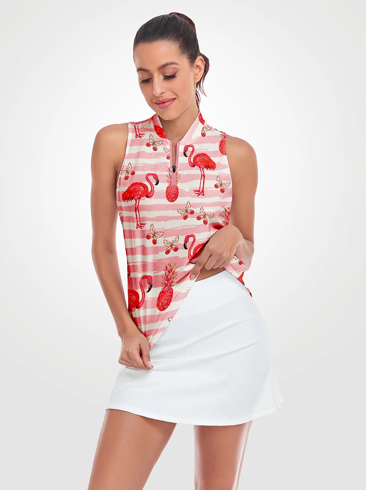 Pink Flamingo Racerback Sleeveless Athletic Polo Shirt  for women