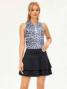 Black Leopard Quarterzip Sleeveless Polo Shirts For Women