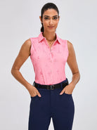 Pink Flamingo Button-Down Sleeveless Polo Shirts For Women 