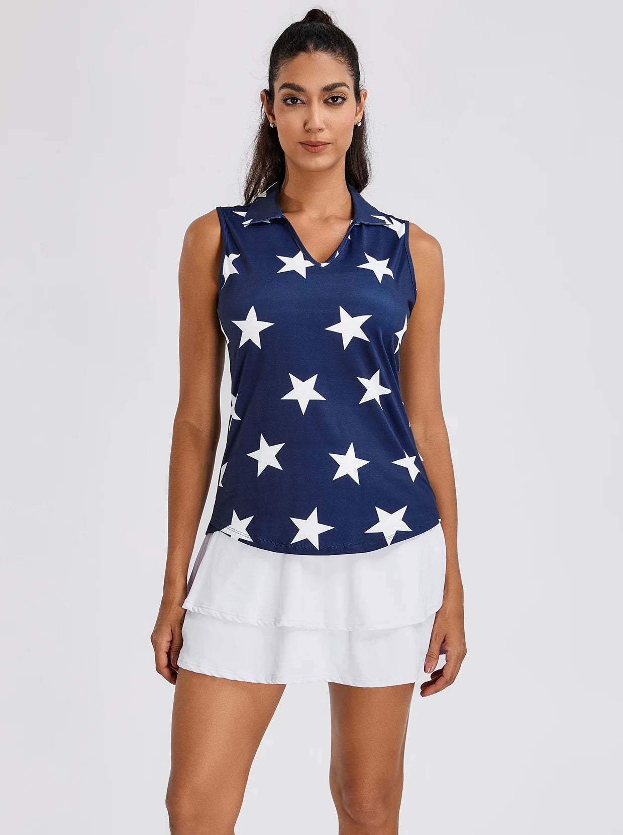 White Stars on Dark Blue Background V-neck Sleeveless Polo Shirt