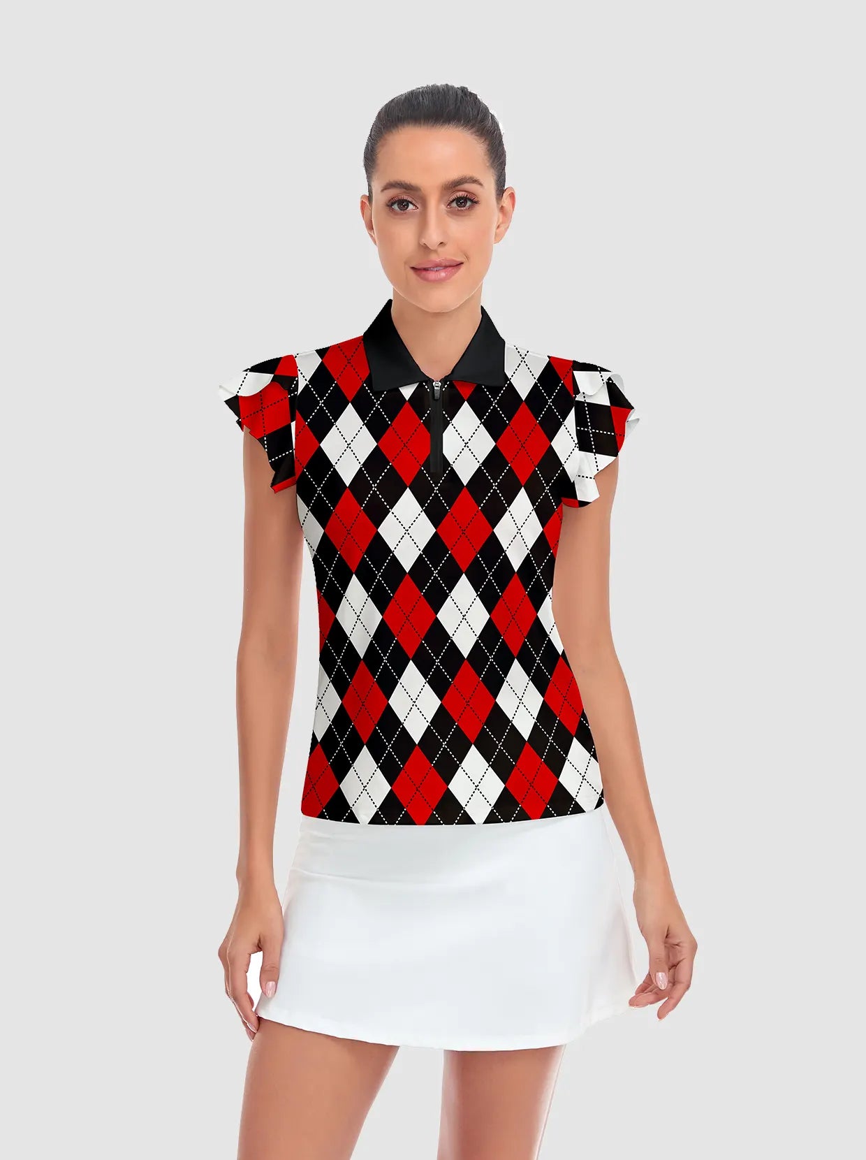 Red and Black Checkerboard Print Short-sleeve Polo Shirts for Women