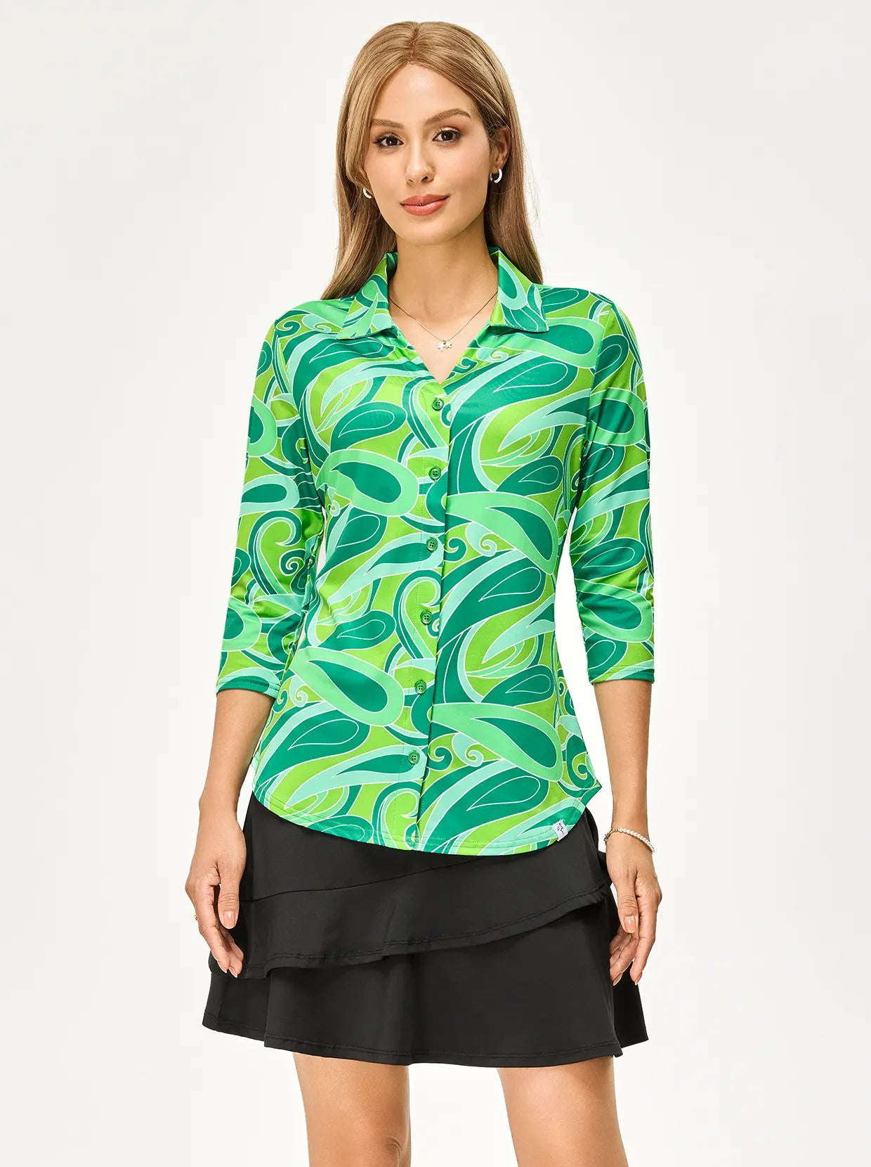 Green Print V-neck  Button-Down 3/4 Sleeve Polo Shirt