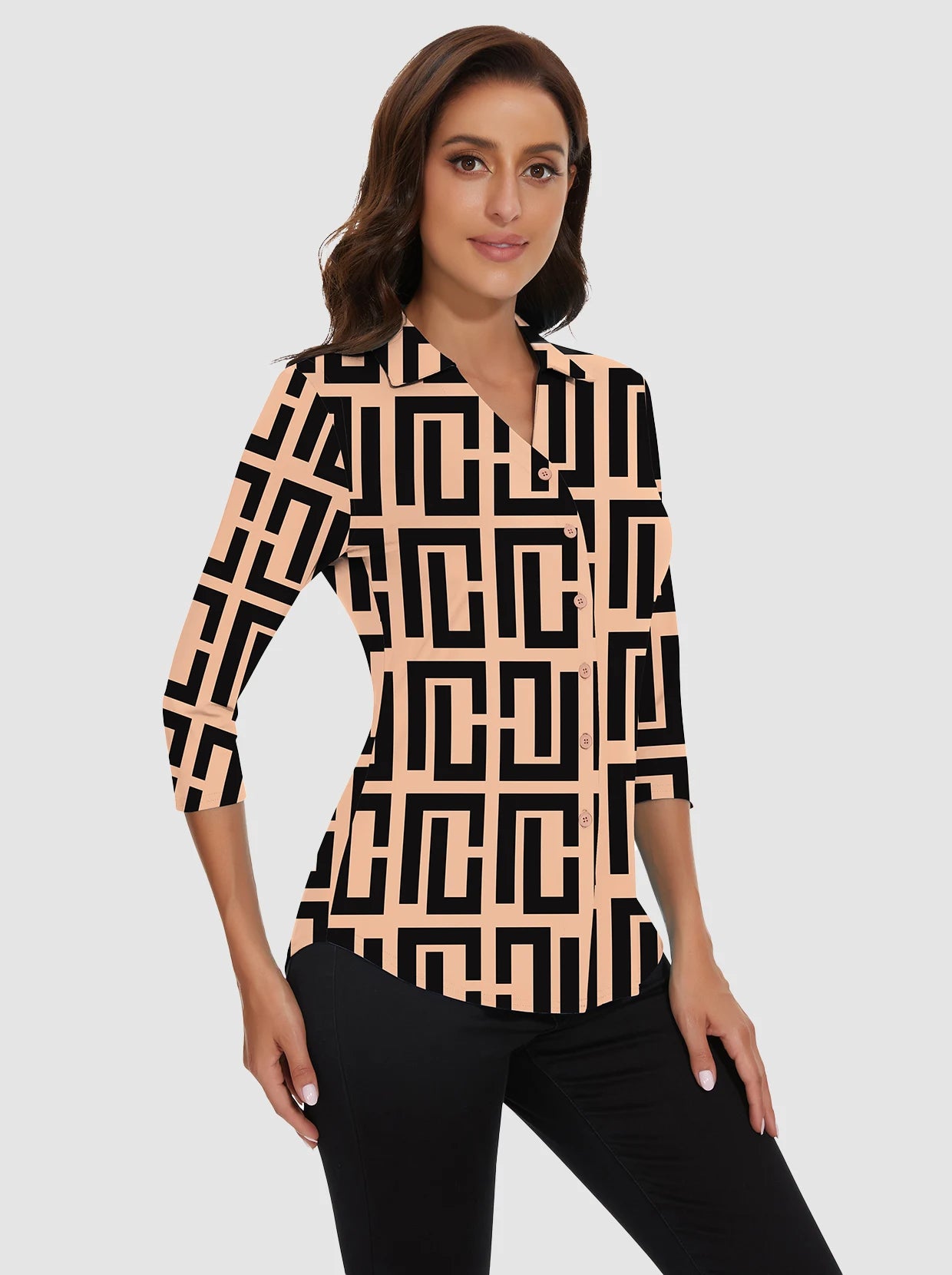 V-neck Button-Down 3/4 Sleeve Polo Shirts