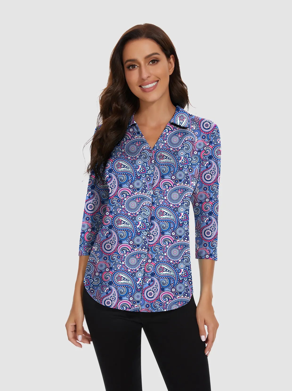 Blue Paisley V-Neck Button Down 3/4 Sleeve Shirt for Women