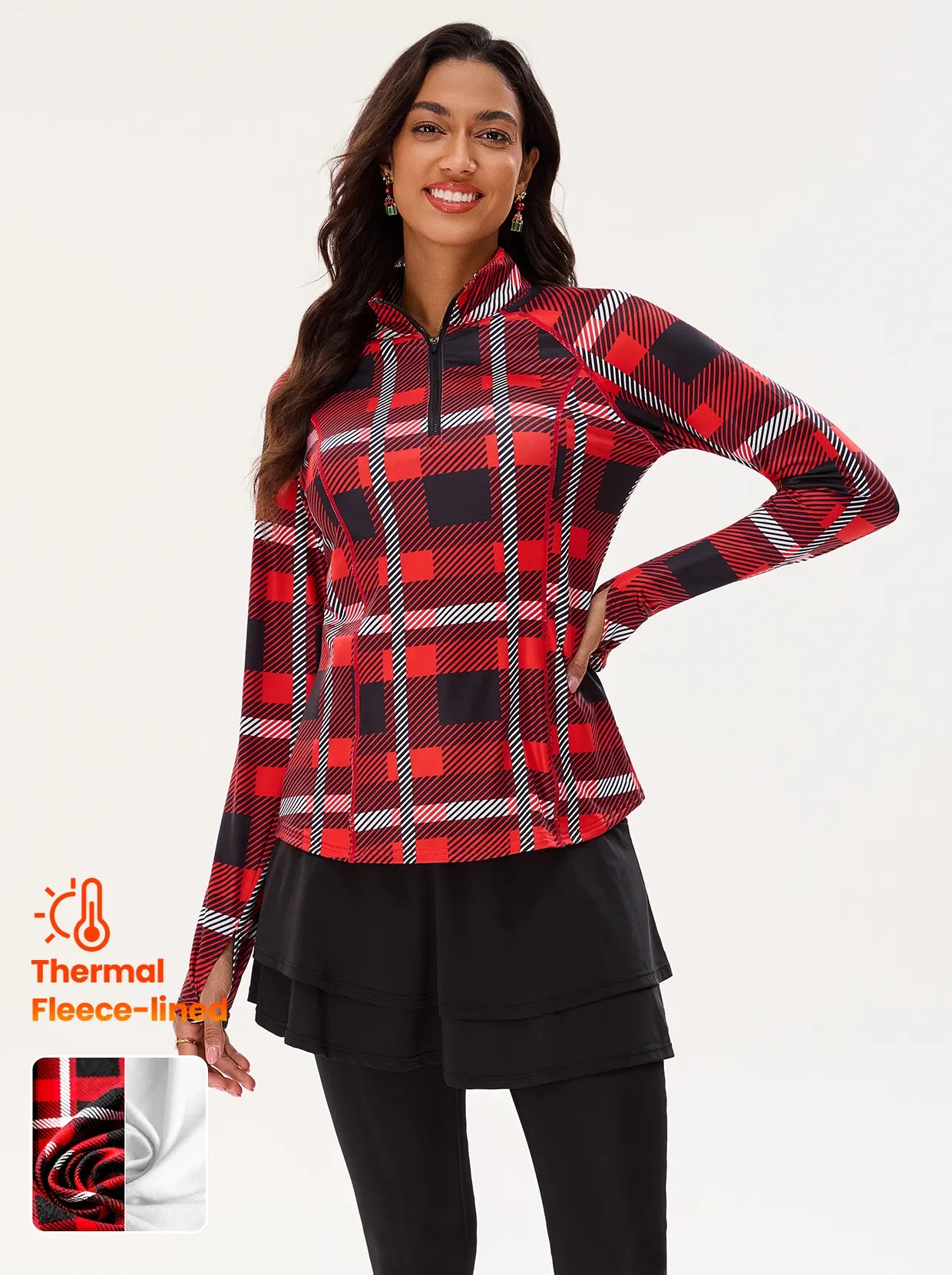 Christmas Red and Black Checkerbaord Long-sleeve Fleece Top