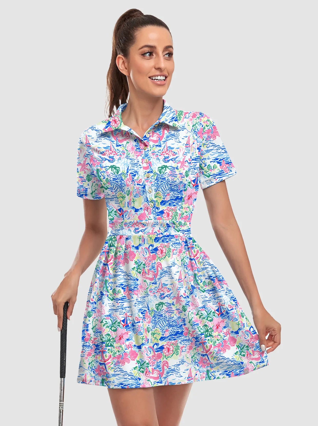 Short-sleeve Athletic 34" Pleated Dresses with Shorts and Pockets