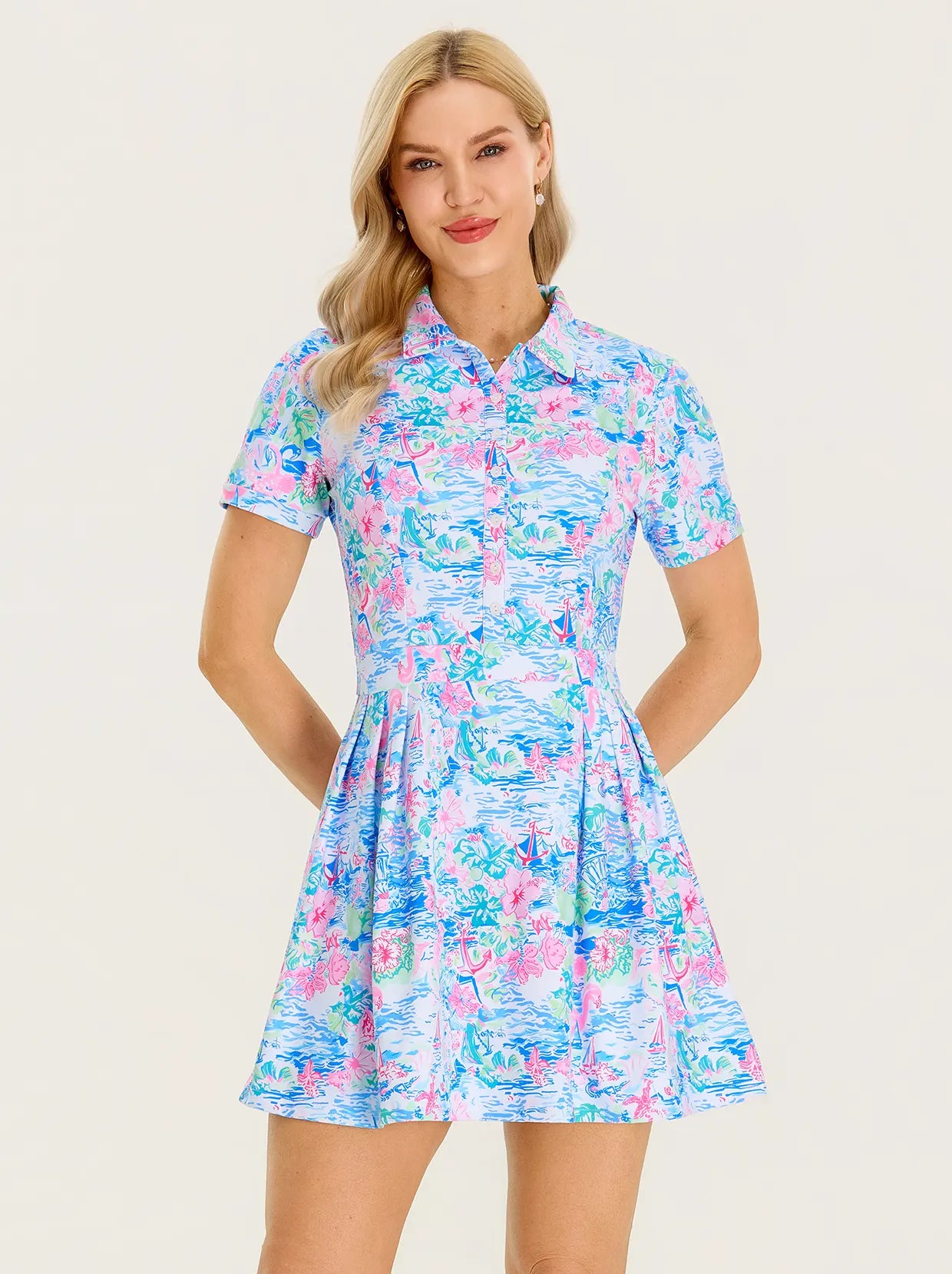 Short-sleeve Athletic 34" Pleated Dresses with Shorts and Pockets