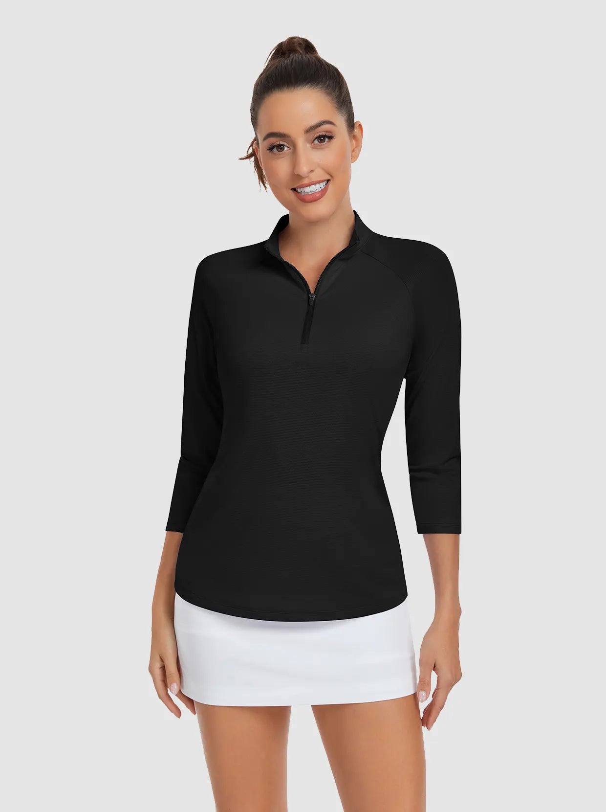 Solid Black Quarter-zip 3/4 Sleeve Shirt For Women