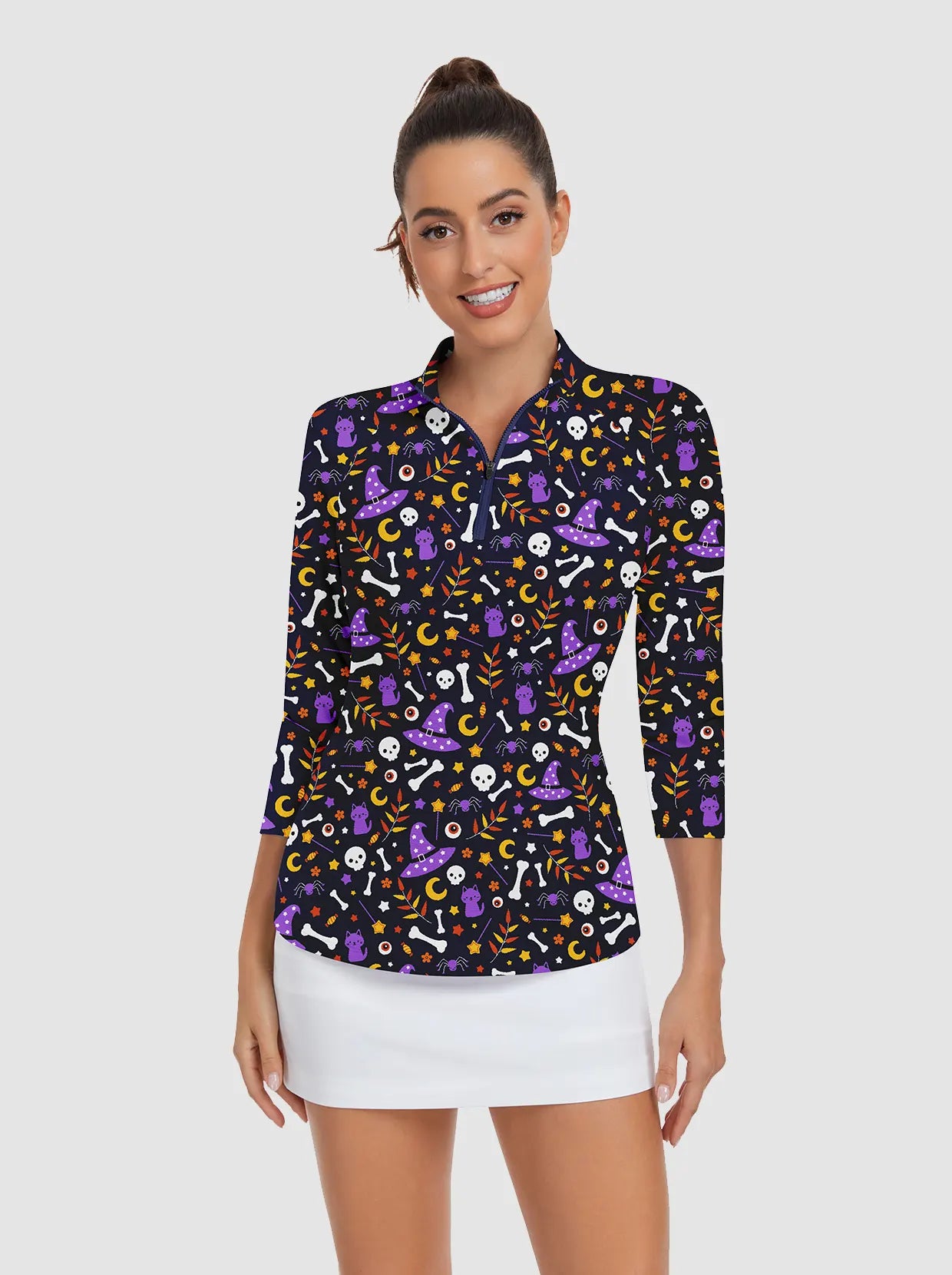 Halloween Purple Hat Quarter-zip 3/4 Sleeve Shirt For Women