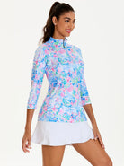 Spring Scenery Print Quarter-zip 3/4 Sleeve Polo Shirt For Women