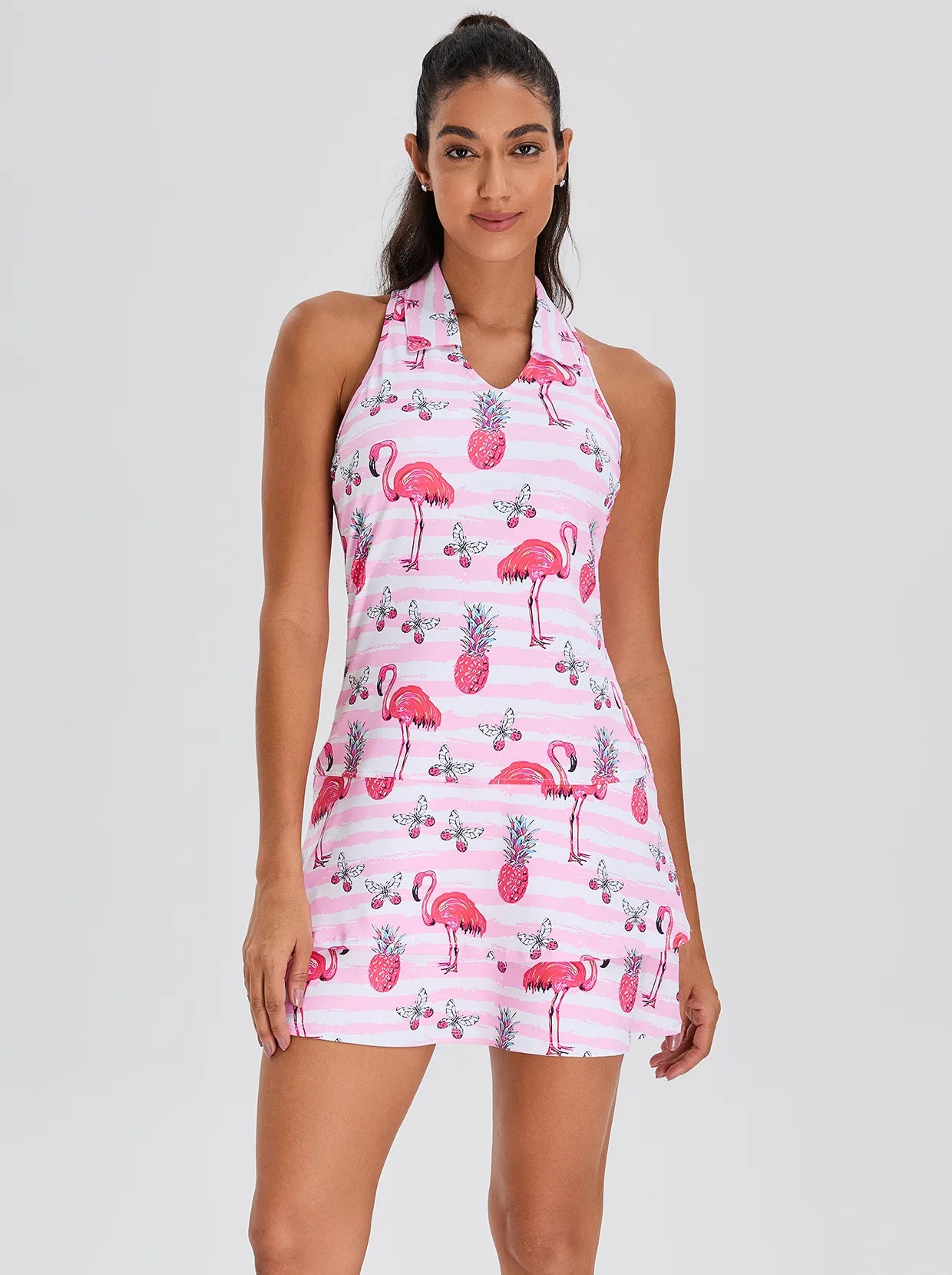 Pink Flamingo 32" V-neck Racerback Sleeveless Dress with Shorts 