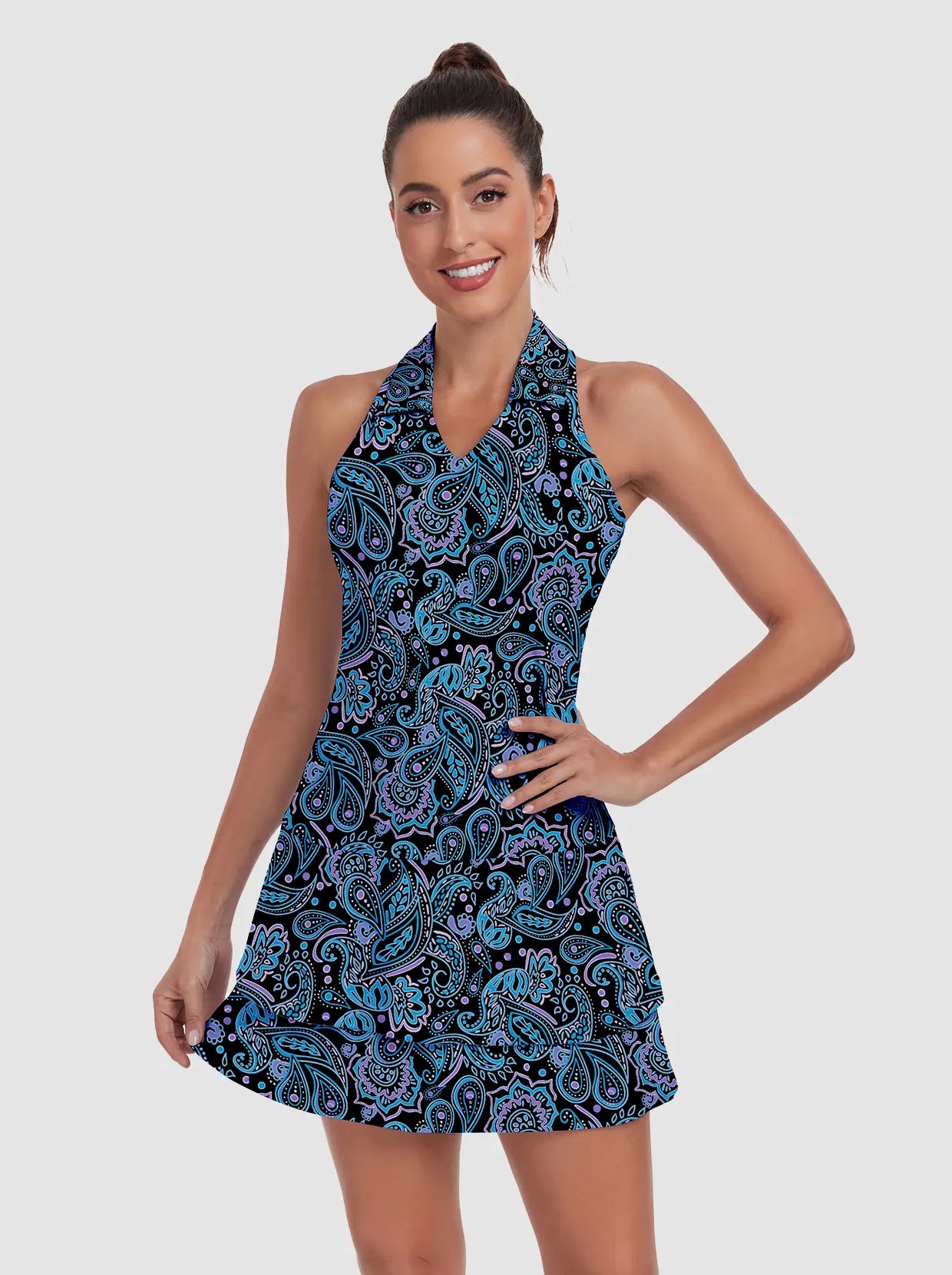 Paisely 32" V-neck Racerback Sleeveless Dress with Shorts