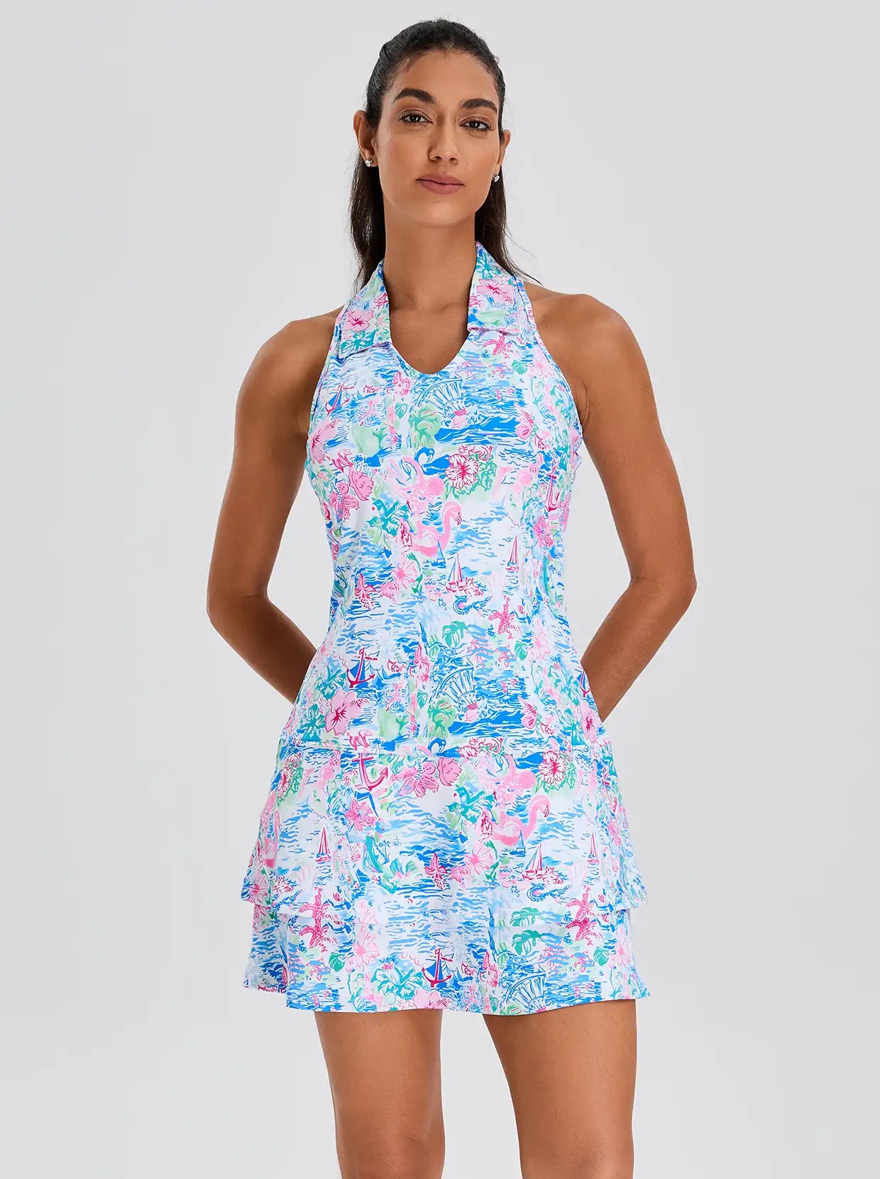 Spring Scenery Print 32" Racerback Sleeveless Dress with Shorts 